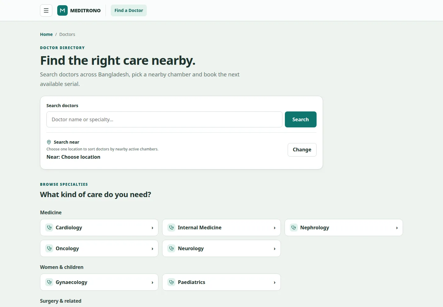 Meditrono's public doctor directory, with search and specialty browsing.