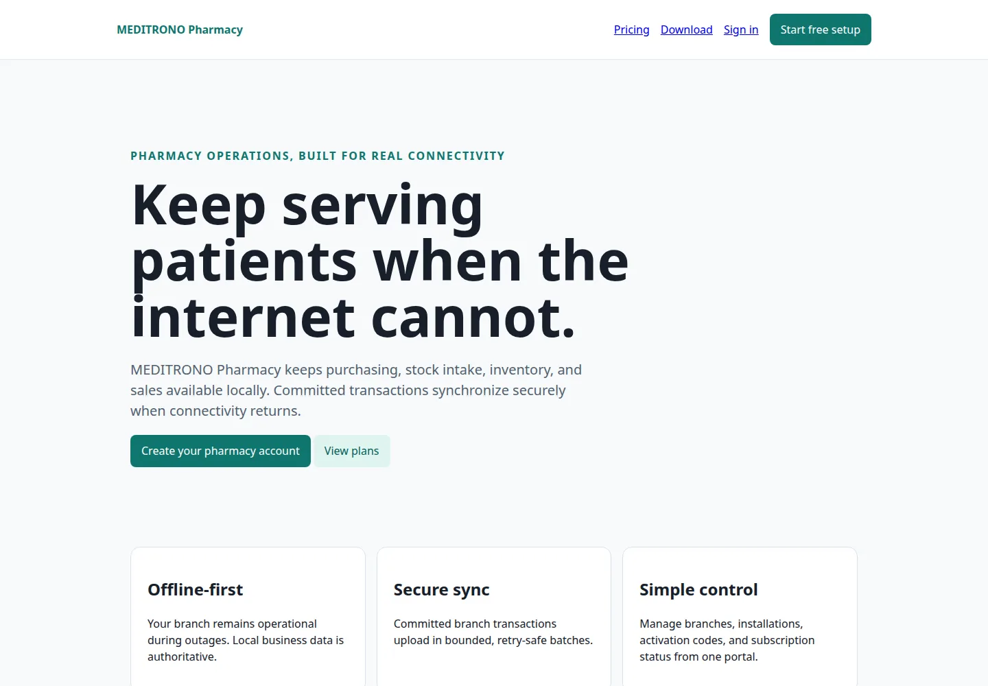 The public Meditrono Pharmacy product page describing offline-first pharmacy operations.